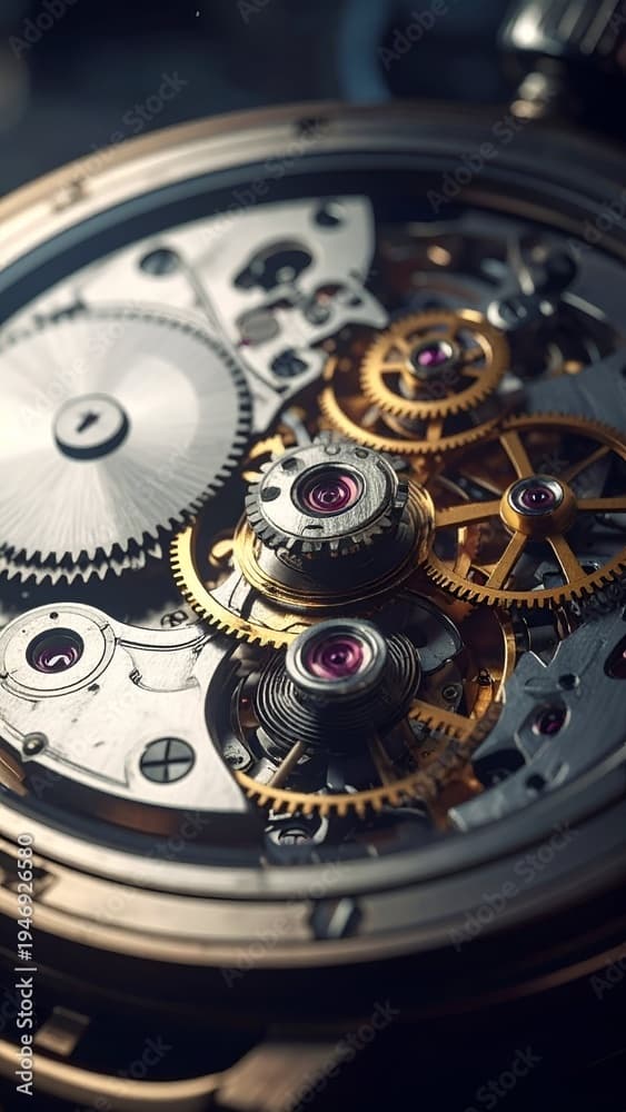 The exposed gears and jewels of a mechanical watch movement