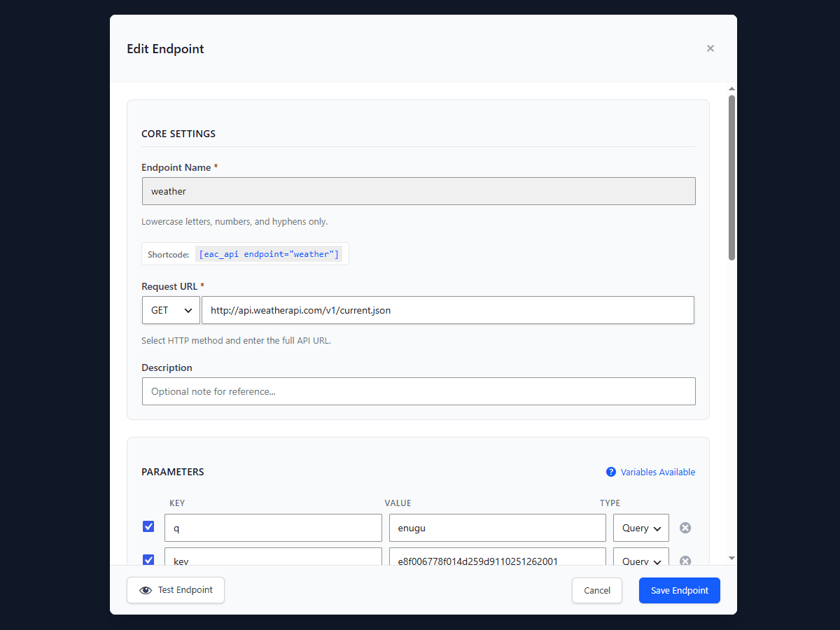 WP API Forge endpoint configuration in the WordPress admin, showing the request method, URL and query parameters