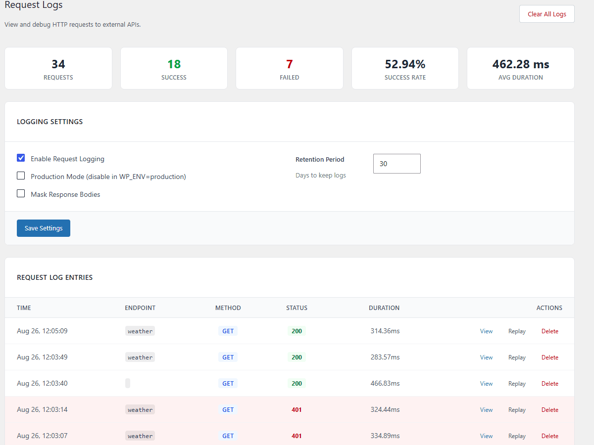 WP API Forge request log listing API calls with method, status code and duration for debugging