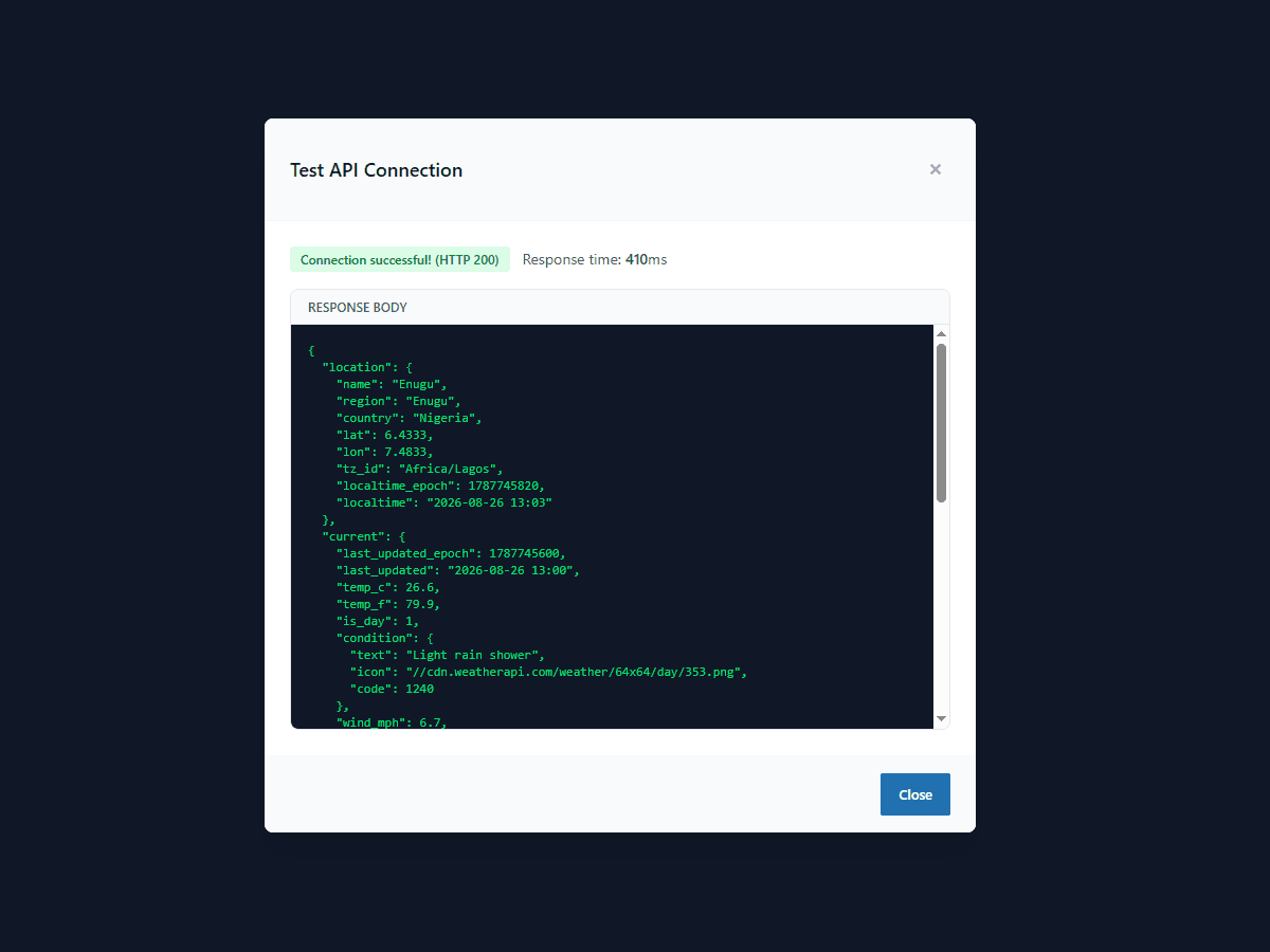 WP API Forge test panel showing a successful API connection with the HTTP status, response time and raw JSON response