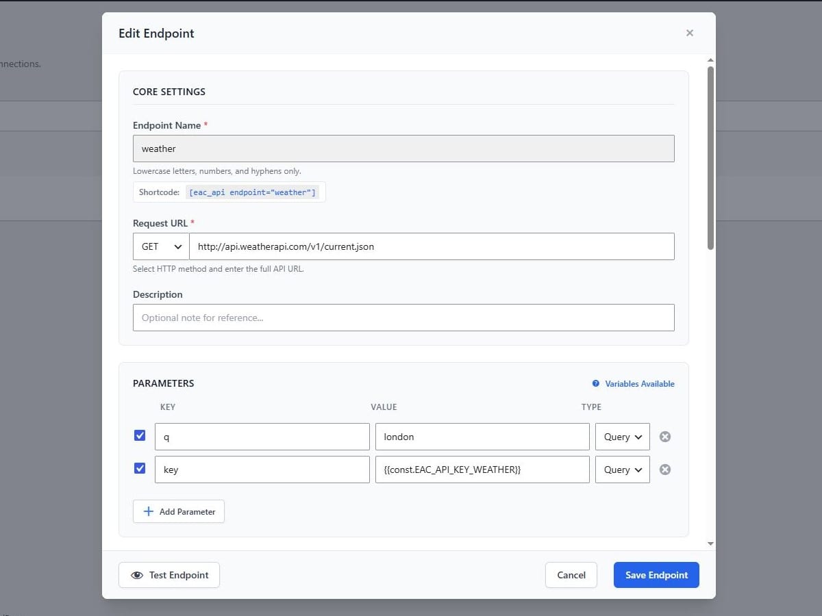 WP API Forge endpoint configuration in the WordPress admin, showing the request method, URL and query parameters