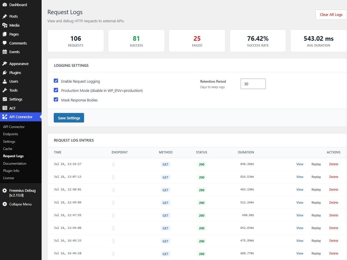 WP API Forge request log listing API calls with method, status code and duration for debugging