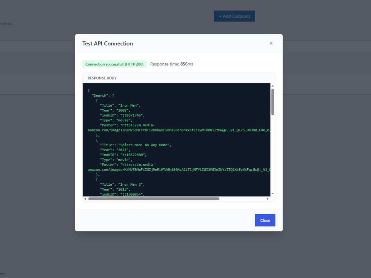 WP API Forge test panel showing a successful API connection with the HTTP status, response time and raw JSON response