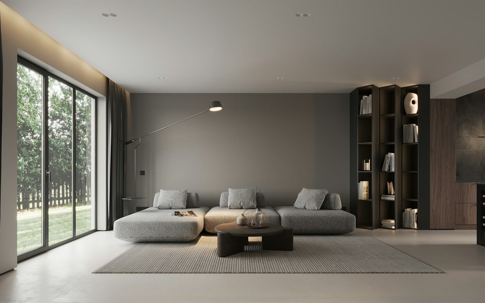 A modern apartment living room with a large window and city view