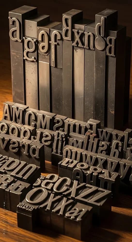 Blocks of metal letterpress type standing on a workbench