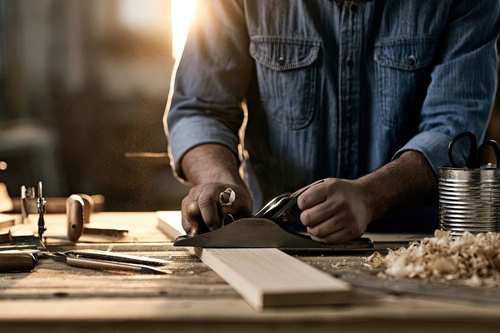 A craftsman smoothing a plank with a hand plane in a sunlit workshop